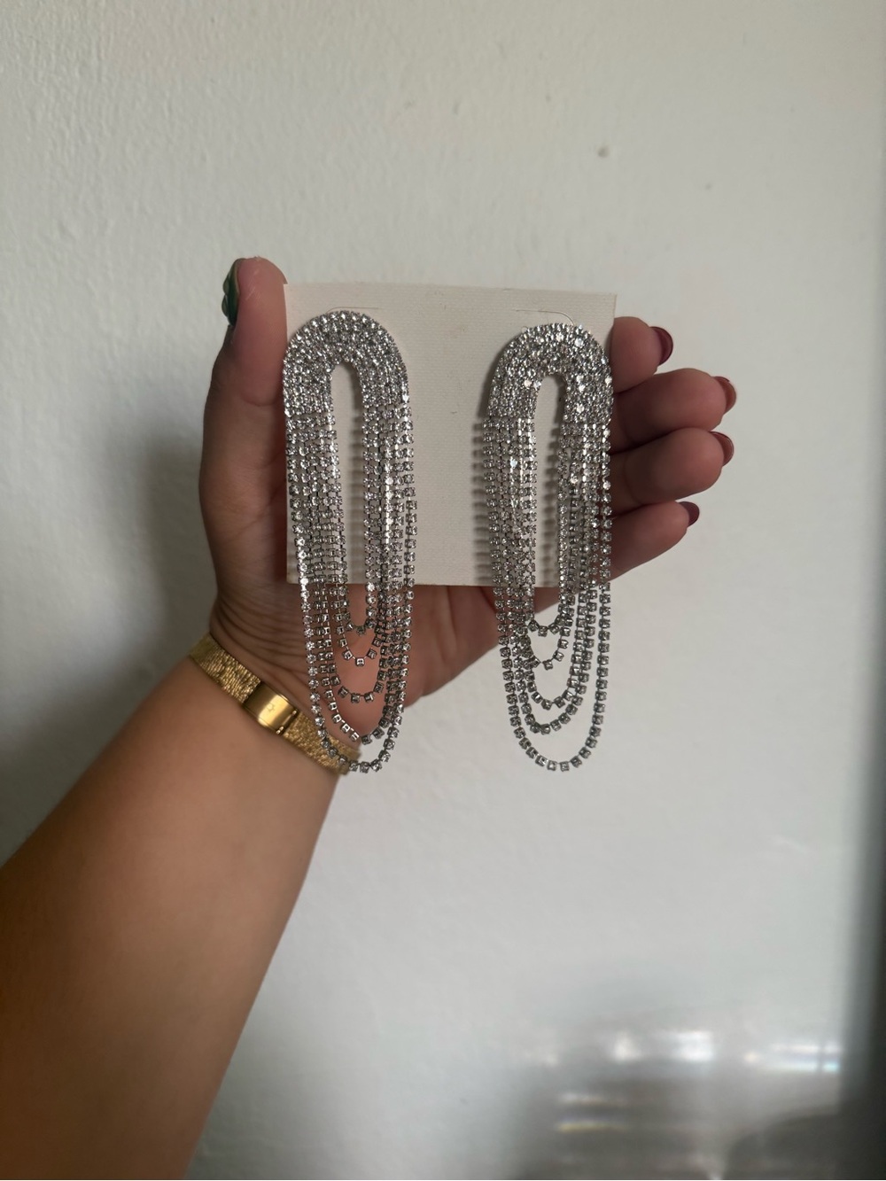 Silver Rhinestone Fringe Drop Earrings - Picture 3 of 3